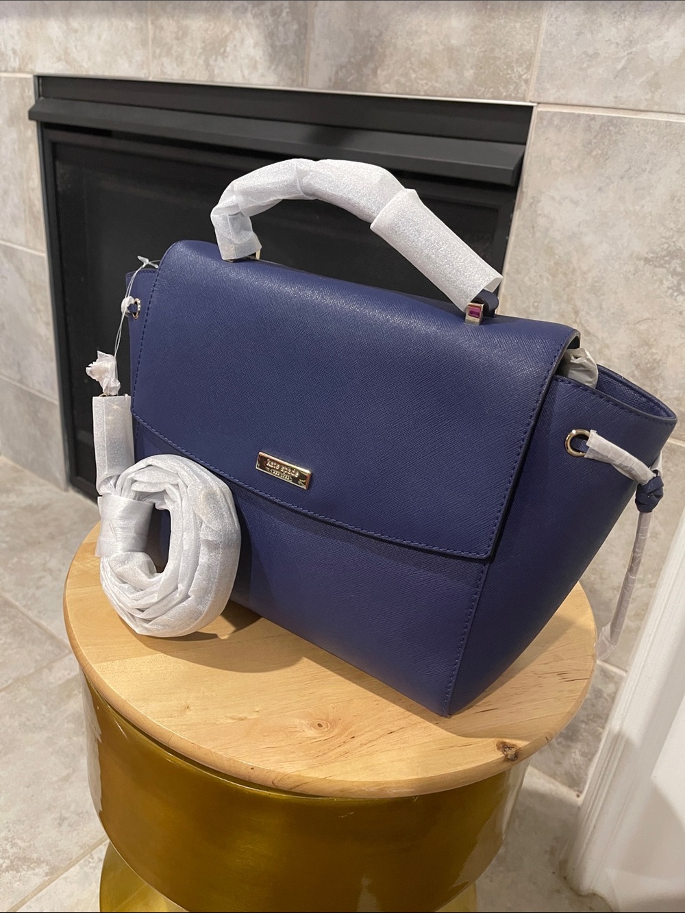 kate spade navy structured top-handle satchel with gold plaque